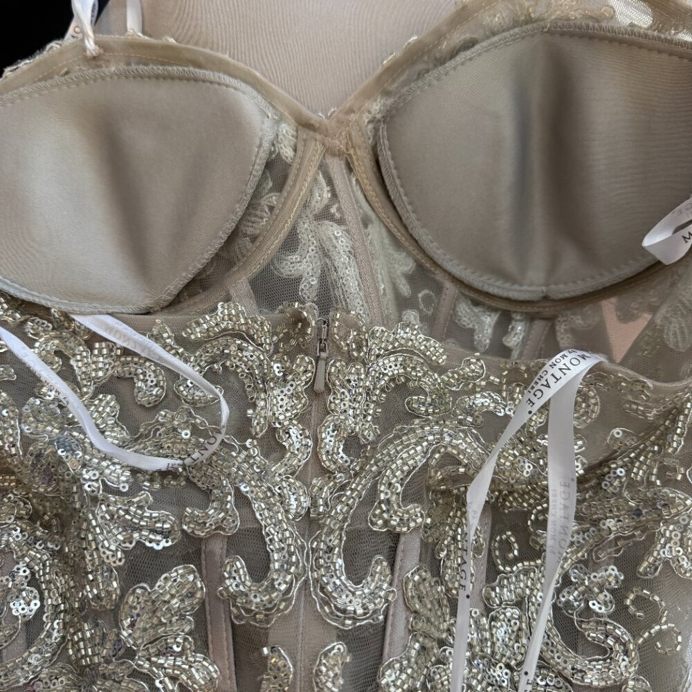 NWOT Montage by Mon Cheri Strapless Beaded Satin Gown Womens 12 Champage Sheer - Picture 13 of 15